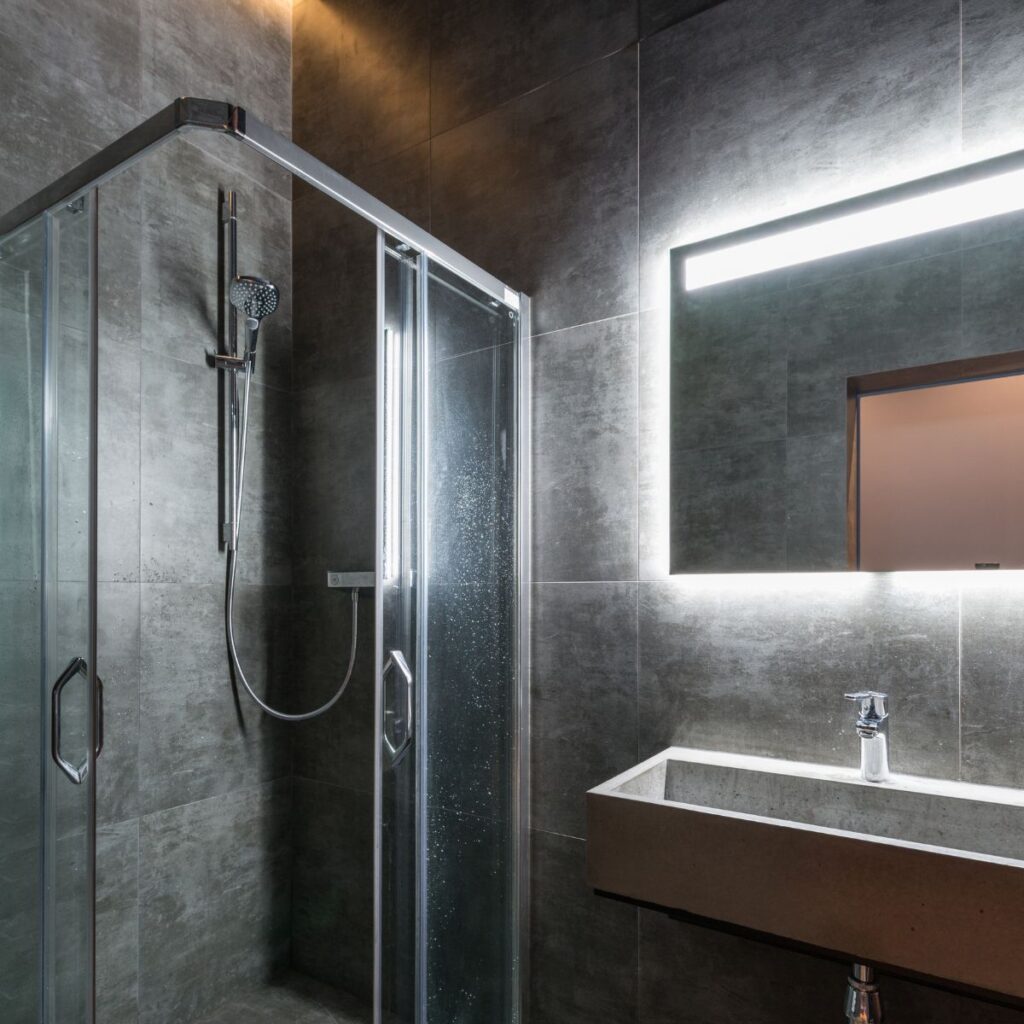 Modern dark-themed bathroom with sleek fixtures, minimalist design, and a contemporary feel, illustrating bathroom renovation mistakes to avoid.