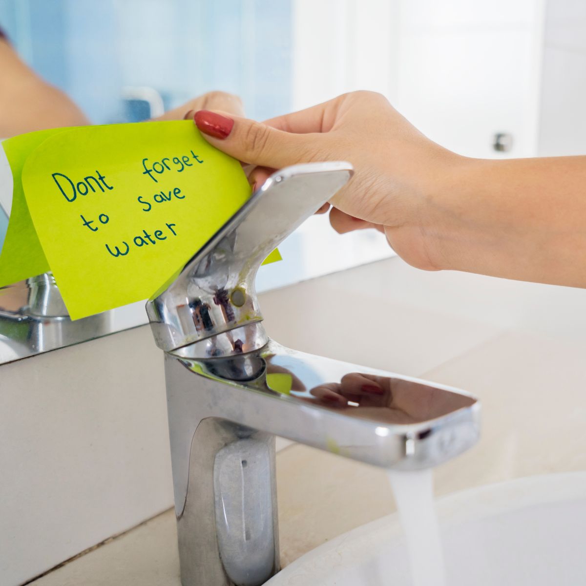 Sleek chrome-finished mixer tap with a sticky note reading "Don't forget to save water," promoting eco-friendly plumbing practices.