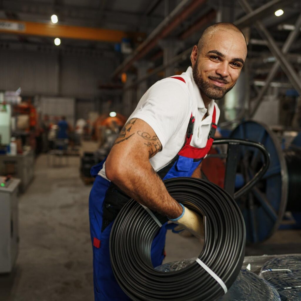 Worker handling a coil of multi-layer pipe inside an industrial facility, illustrating Sunridge Rifeng’s plumbing supply logistics