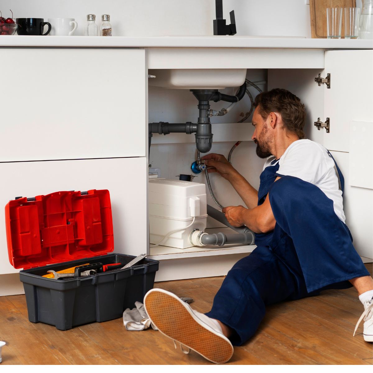 Plumber repairing residential plumbing systems under a kitchen sink
